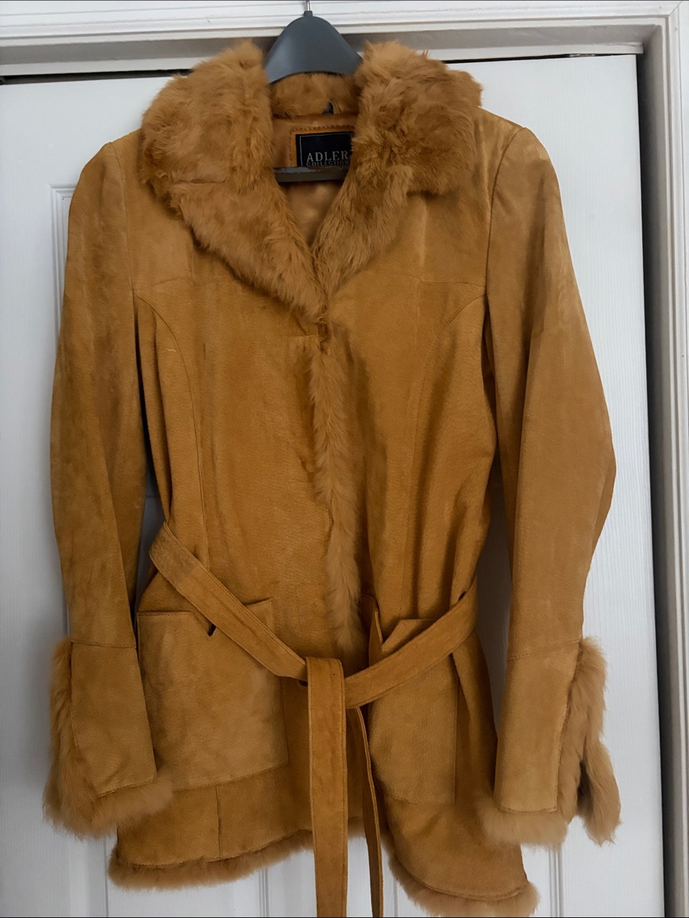 Women's Faux Fur Trim genuine leather Suede Coat Jacket - Camel